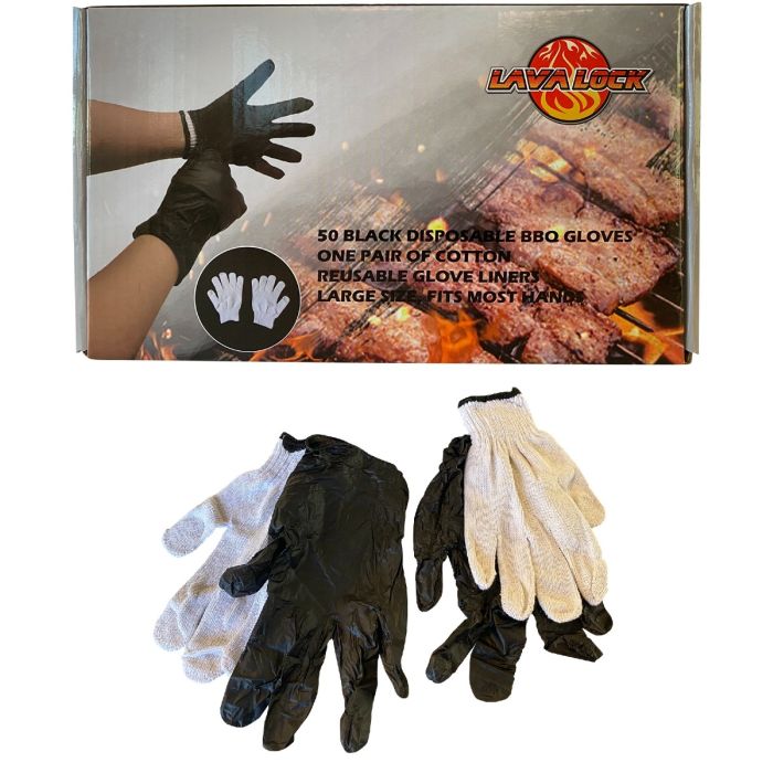 LavaLock® Black BBQ Gloves, Nitrile Disposable gloves with liners, 50 ct gloves plus 2 heat liners